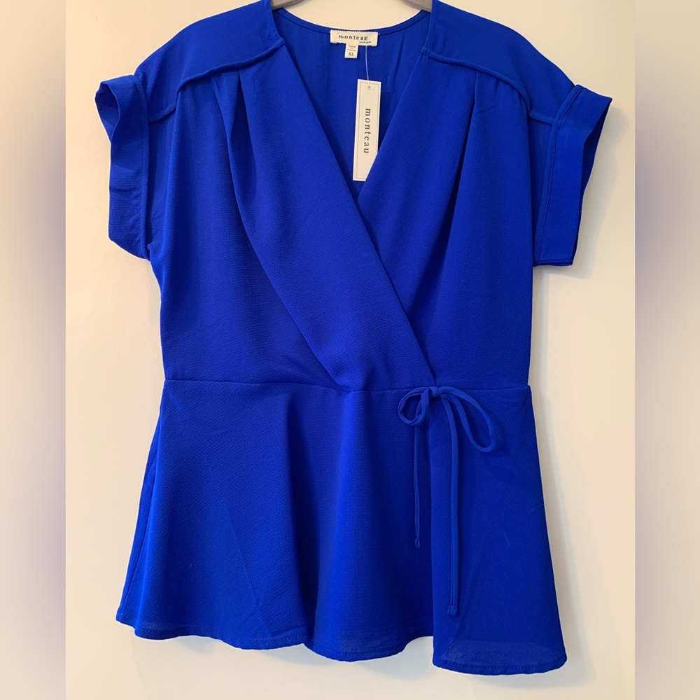 Monteau Royal Blue Wrap Peplum Top